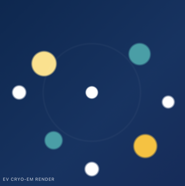 Abstract graphic: colored dots (yellow, teal, white) orbiting on dark blue background